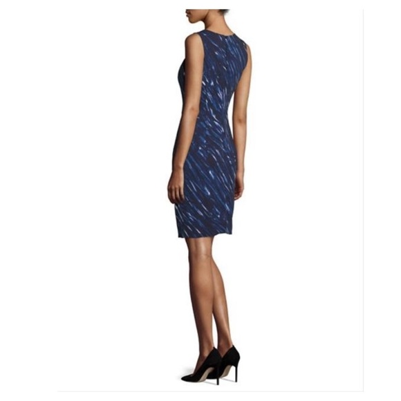 MILLY Blue Brushstroke Print V-Neck Sheath Work Career Office Midi Dress - Picture 3 of 15